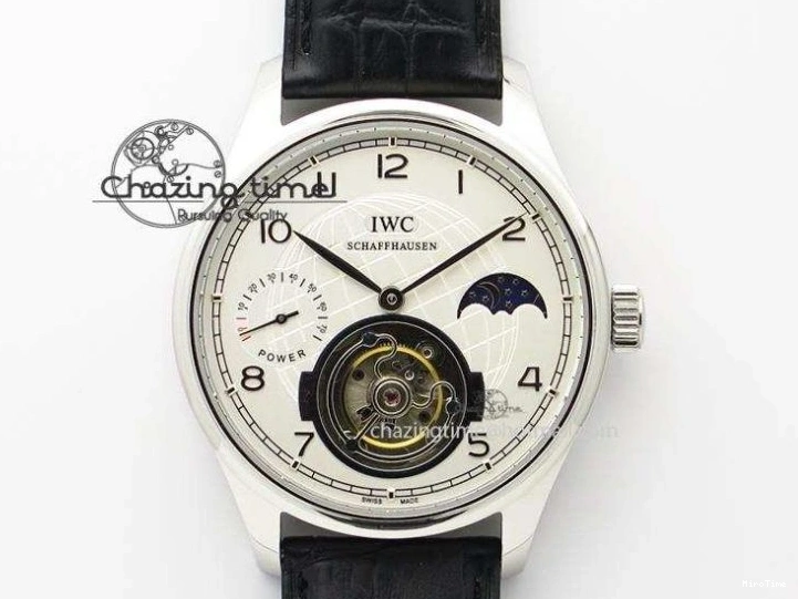 MIROTIME 0120 UrbanStyle Portuguese Tourbillon Power Reserve Moonphase SS White Dial On Black Leather Strap 7318